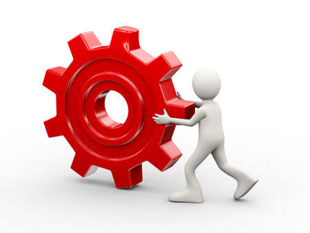 3d illustration of man carrying big red chrome metallic gear cogwheel. 3d human person character and white peopleの写真素材