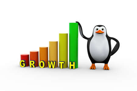 3d illustration of penguin with growth progress bars