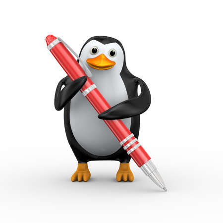 3d illustration of penguin writing with red large stylish penの写真素材