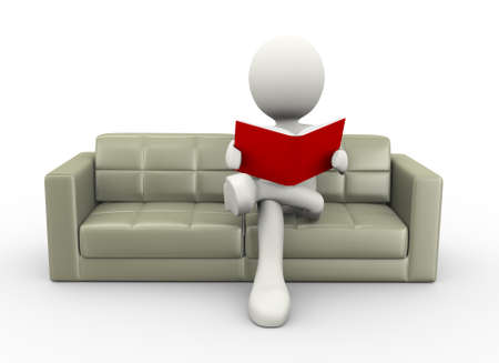 3d illustration of man sitting on sofa reading book . 3d human person character and white peopleの写真素材