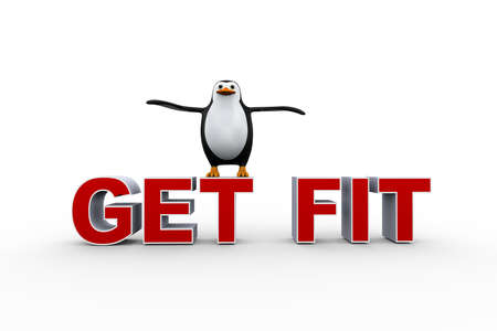 3d illustration of cue penguin standing on word text get fit