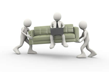 3d  render of people carrying sofa with man sitting on it working with laptop. 3d human person...