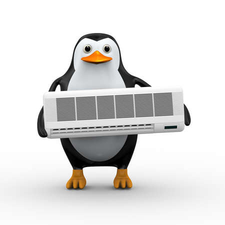 3d illustration of cute penguin holding conditioner split unitの写真素材