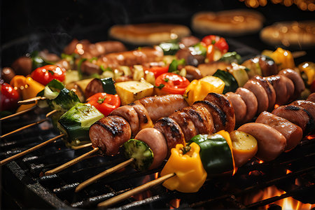 Grilled vegetable skewers on barbecue grill outdoors, closeup viewの素材
