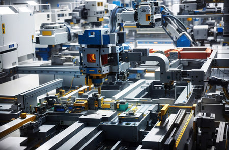 State-of-the-art PCB assembly line with advanced robot arms at Electronics Factory, precise component installation and quality control in electronic device productionの素材