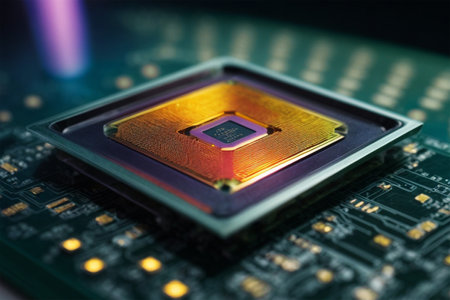Macro closeup of green computer microchip on a circuit board, illustrating modern electronic technology and high-tech engineeringの素材