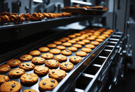Cookies biscuits on a conveyor belt in a confectionery factory, crafting classic chocolate chip cookies, Baker production lineの素材