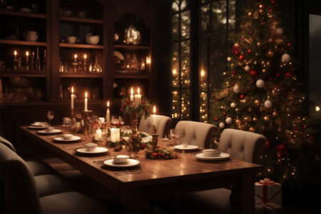 Table set for a joyous christmas dinner in a living room adorned with twinkling lights and a beautifully decorated christmas treeの素材