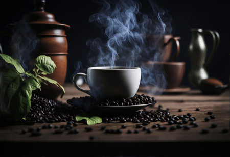 Sip cup of hot coffee enjoy the aroma of roasted beans and envision coffee tree branches with a burlap sack backdropの素材
