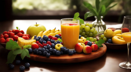 Various mix fruit and glass of fresh mango juiceの素材