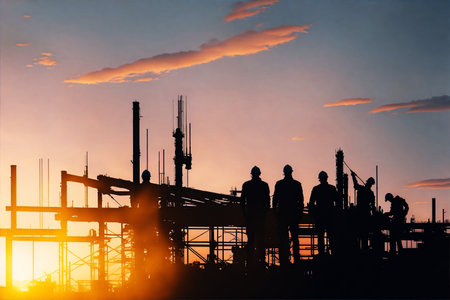 Silhouette of construction engineer Technician team of workers on construction siteの素材