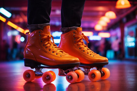 Close up of a feet wearing bright orange quad roller skates on blurry light backgroundの素材