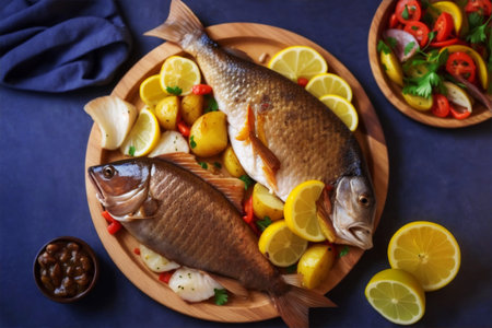 Closeup of tasty ad delicious roasted fish with potatoes and lemonの素材