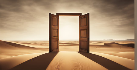 Opened door on desert. Conept of unknown and start upの素材