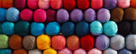 Vivid backdrop of yarn wool thread balls for knitting and crochet projects in gentle pastel shadesの素材