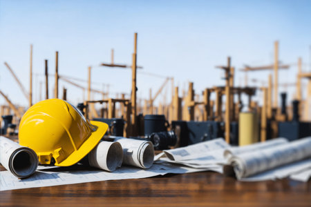Yellow hard hat on blur print capturing the Vibrancy of a Construction Siteの素材