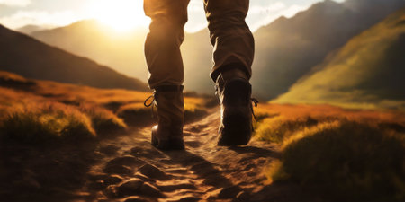 A closeup view of a man's foot as he walks on a rugged dirt path, symbolizing exploration and adventure in the great outdoors.の素材