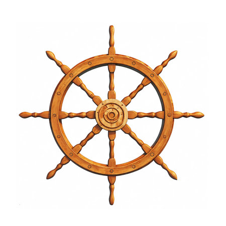 Wooden rudder and sailing wheel illustration against a white backdropの素材