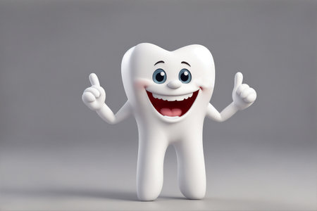 A 3d three-dimensional illustration of a tooth on white background portrayed as a lovable cartoon characterの素材