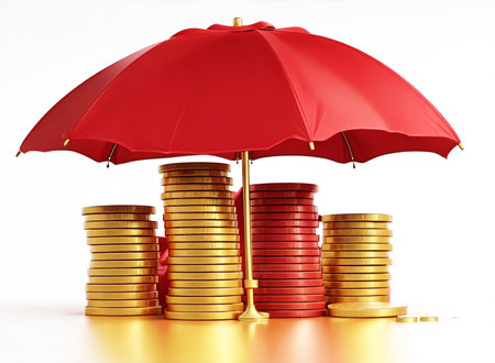 Protected wealth - gold coins under a red umbrella. Money-saving and investment security through insurance and risk managementの素材