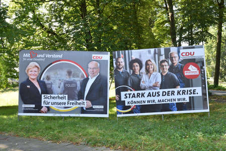 Duesseldorf, Germany - September 02, 2021: Advertising posters and banners for German federal election. Poster. CDU.Sylvia Pantel. Rainer Wendt.のeditorial素材