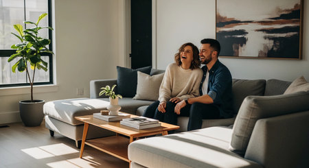 Happy Young Couple Laughing Together on Gray Sofa in Modern Sunlit Living Room with Indoor Plants and Art
