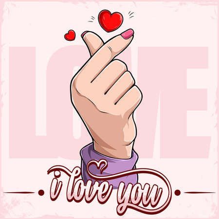 I love you lettering poster with a cute woman hand doing the k pop sign with her fingersのイラスト素材