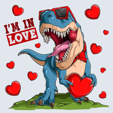 Lovely Valentine's day dinosaur t rex wearing sunglasses and holding a big red heartのイラスト素材