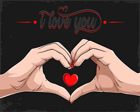 Valentine's day woman's hand making a heart shape, love and feelings expression, I love you letteringのイラスト素材