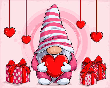 Lovely valentine's day gnome character holding a big love heart with gifts on his sidesのイラスト素材