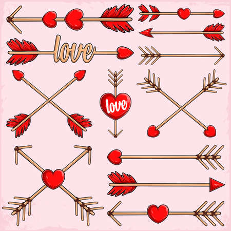 Set of lovely cupid's arrows with hearts, Colorful Valentine's day elements collectionのイラスト素材