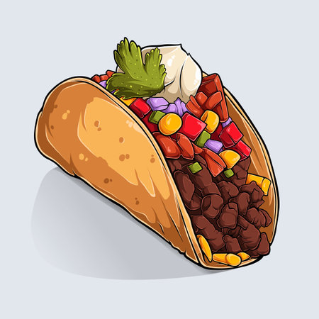 Hand drawn of delicious Mexican Taco with colorful shadows and light isolated on white backgroundのイラスト素材