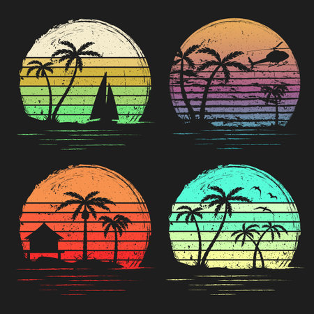 Set of vintage Retro sunsets with palms background grunge retro sunset stripedのイラスト素材
