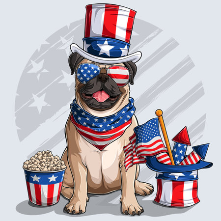 Cute beige Pug dog sitting with American independence day elements 4th of July and memorial dayのイラスト素材