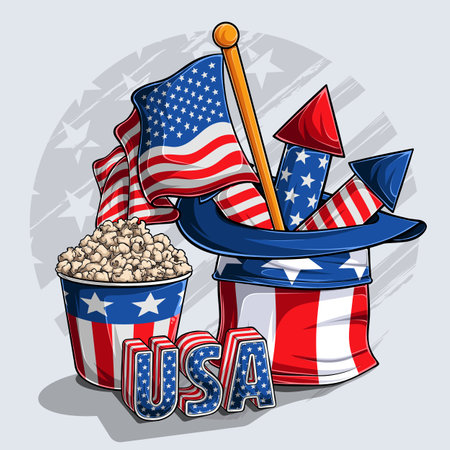 Uncle Sam hat with American flag fireworks popcorn and USA 3d lettersのイラスト素材