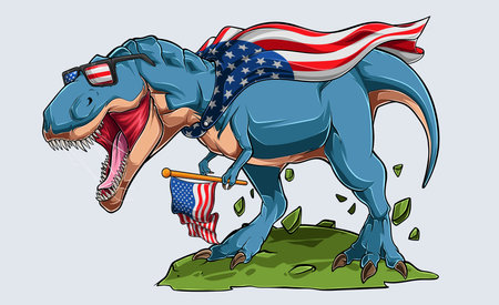 Blue angry T Rex dinosaur with American flag and USA sunglasses independence day 4th of July and memorial dayのイラスト素材