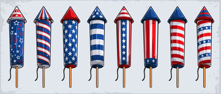 4th of July firework cracker rockets collection with USA flag pattern for American independence dayのイラスト素材