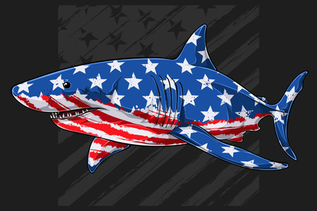 Great white shark with USA flag pattern for 4th of July, American independence day and Veterans dayのイラスト素材