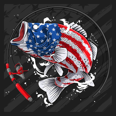 Largemouth bass fish in USA flag pattern for 4th of July American independence day and Veterans dayのイラスト素材