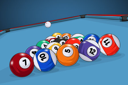Hand drawn Set of Billiard Balls triangle shaped and the White Cue Ball in blue Billiard tableのイラスト素材