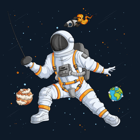 Hand drawn Fencing Astronaut with sword in spacesuit, martial arts spaceman over rocket and planetsのイラスト素材