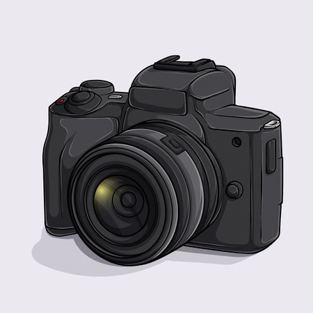 Hand drawn modern black photo camera isolated. Digital camera, photography equipmentのイラスト素材