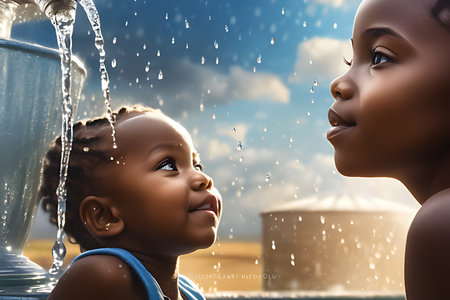 african american mother and her little daughter drinking water from fountainの素材