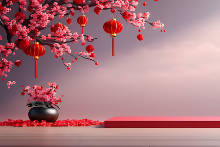 Chinese New Year background with red lanterns and cherry blossom.の素材