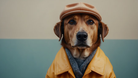 Portrait of a dog in a hat and a coat on a blue backgroundの素材