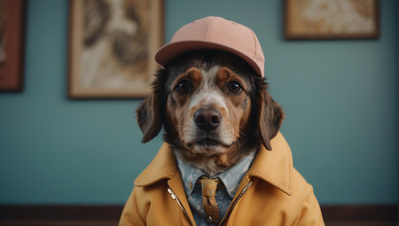 Portrait of a dog in a cap and a yellow coat.の素材