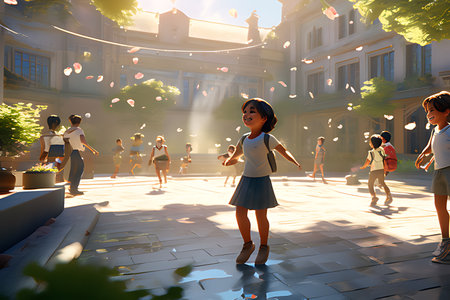 Little girl dancing in the city at sunset. 3D rendering.の素材