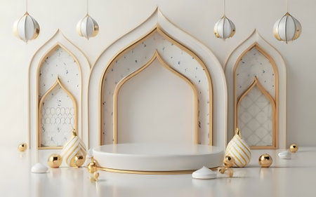 3d render of minimal display podium for product presentation with islamic ornamentsの素材