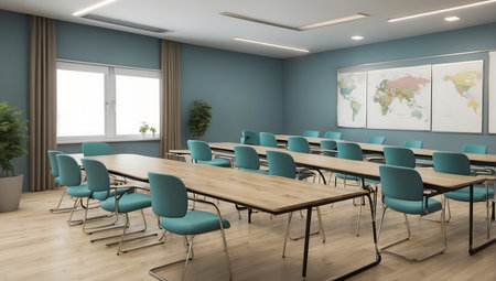 Interior of modern meeting room with blue walls, wooden floor and rows of green chairs. 3d renderingの素材