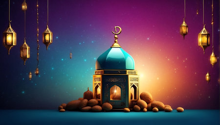Ramadan Kareem background with mosque and lanterns. 3D renderingの素材